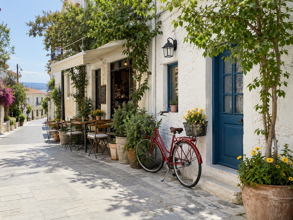 An illustrative sunlit café street, rendered with Amber film