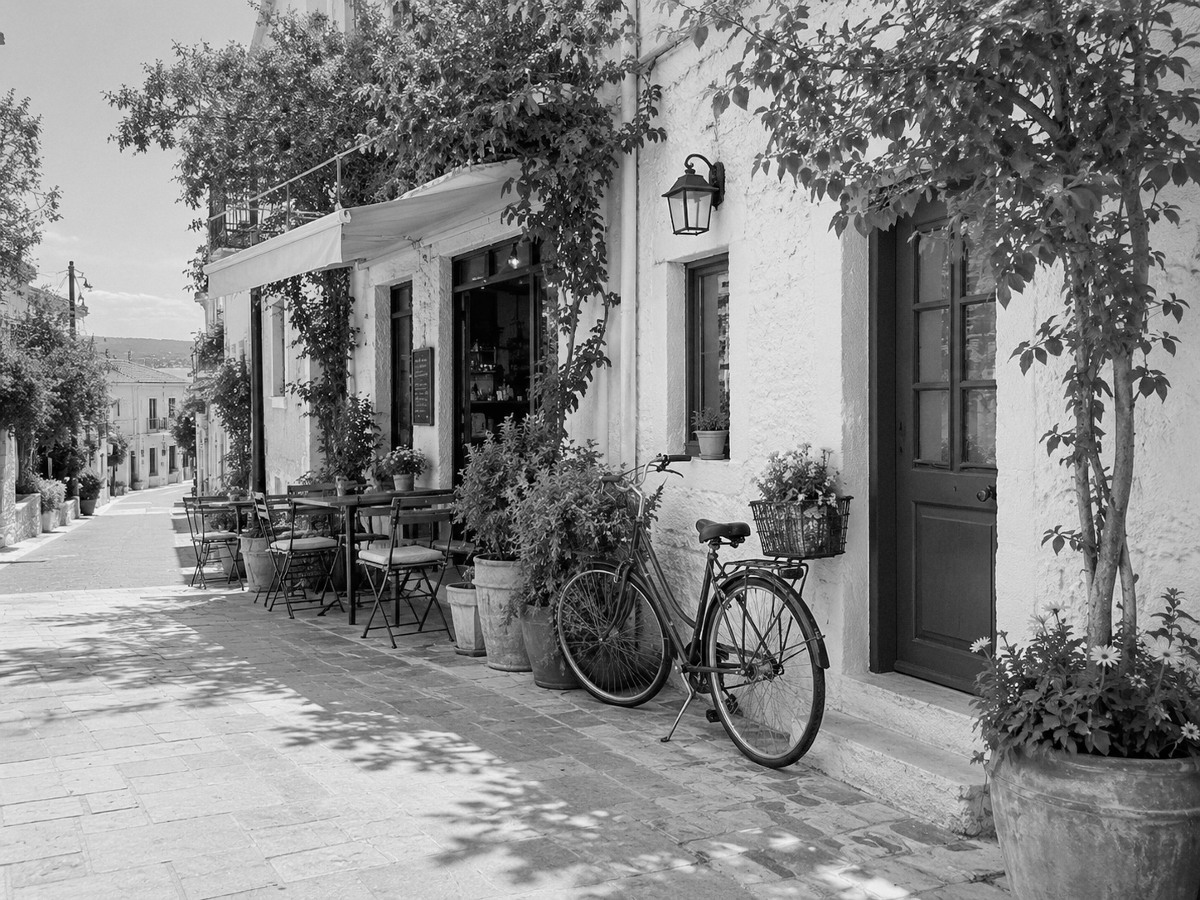 Illustrative black-and-white street scene with Silver film